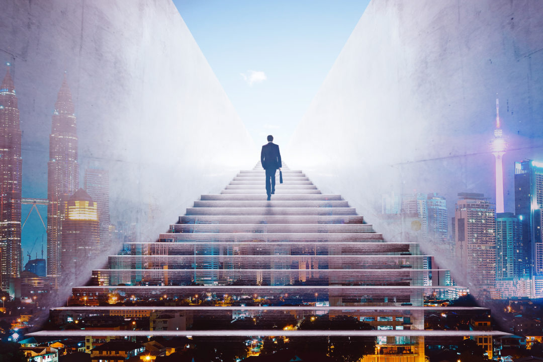 graphicstock rear view of a businessman climbing stairs to get to a large city center concept of success and appreciation double exposure HdIPxnwejx